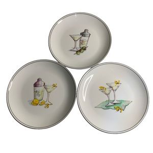 Vintage Martini Boston Warehouse Porcelain Plate Set Of 3 Shaker Lemons Olives